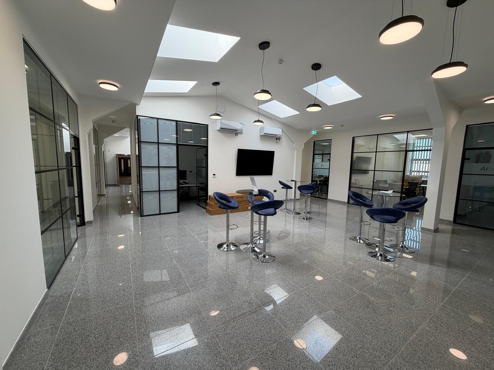 Finished breakout area, suspended ceiling & glazed partitions, Atlantic Plastics, JLG Construction Services