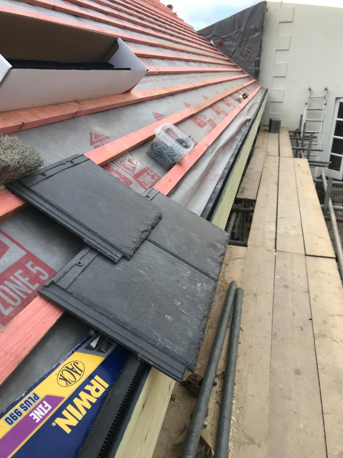 Membrane and battens on, tiles loaded out ready, Oak-Framed Farmhouse Extension, JLG Construction Services