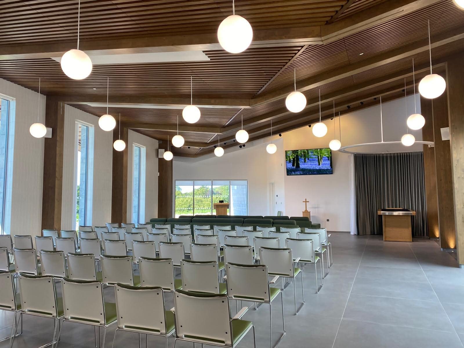 Ceremony hall — veneered acoustic ceiling — Plymouth Crematorium, JLG Construction Services