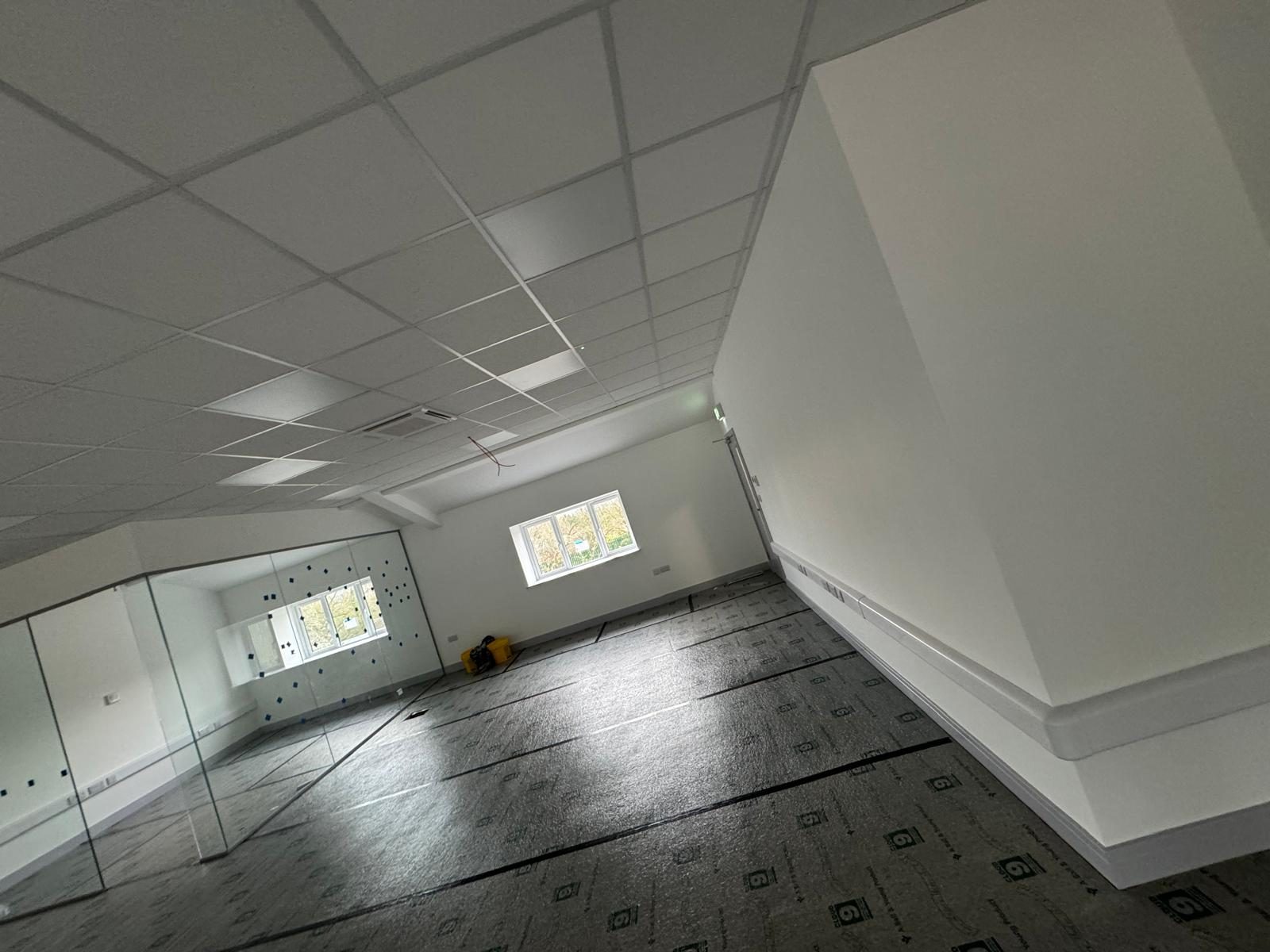 Finished office, feature ceiling & glass partition, Stoneman Engineering, JLG Construction Services