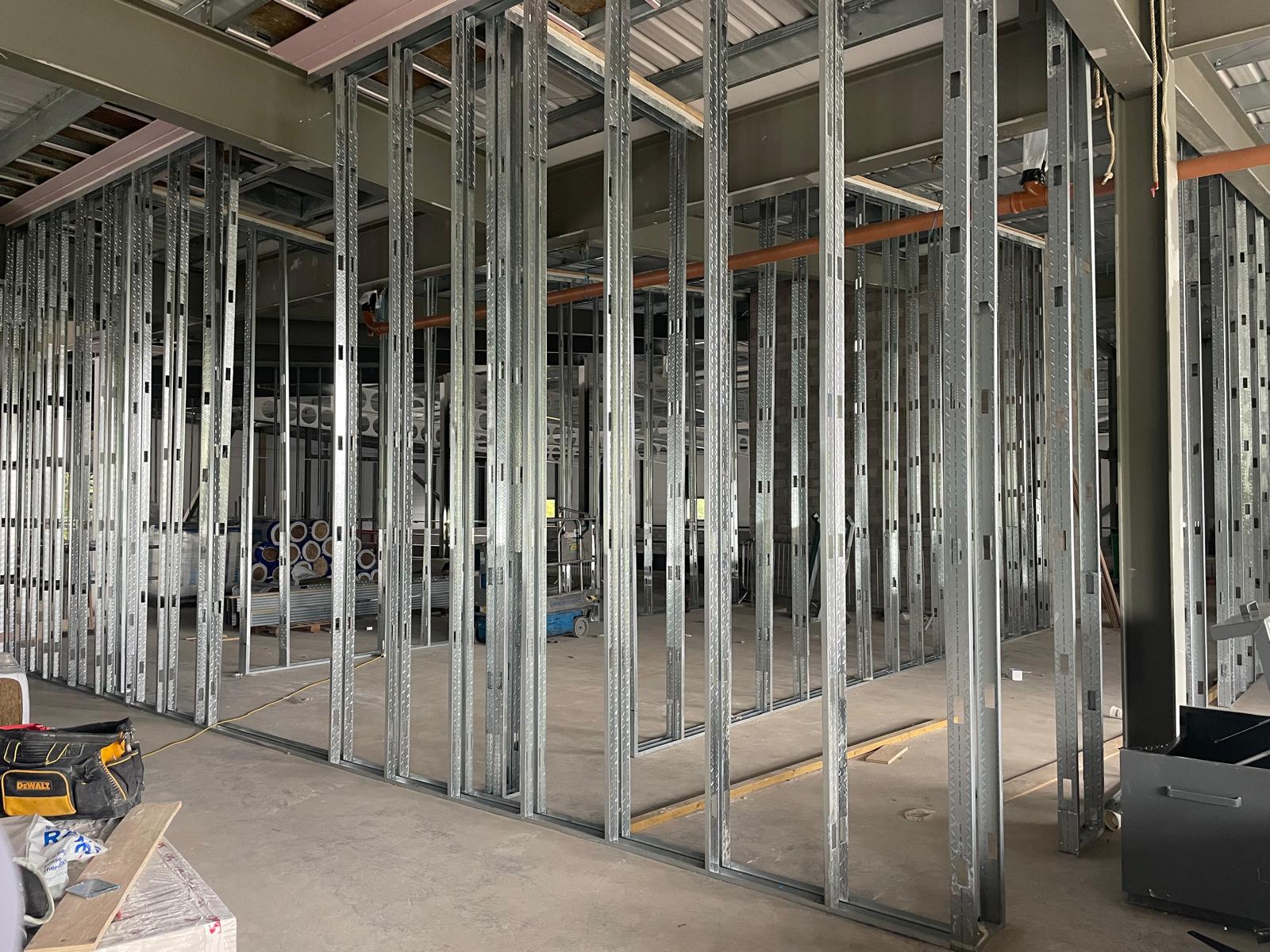 Metal-stud partitioning going up, Tarka Leisure Centre, JLG Construction Services