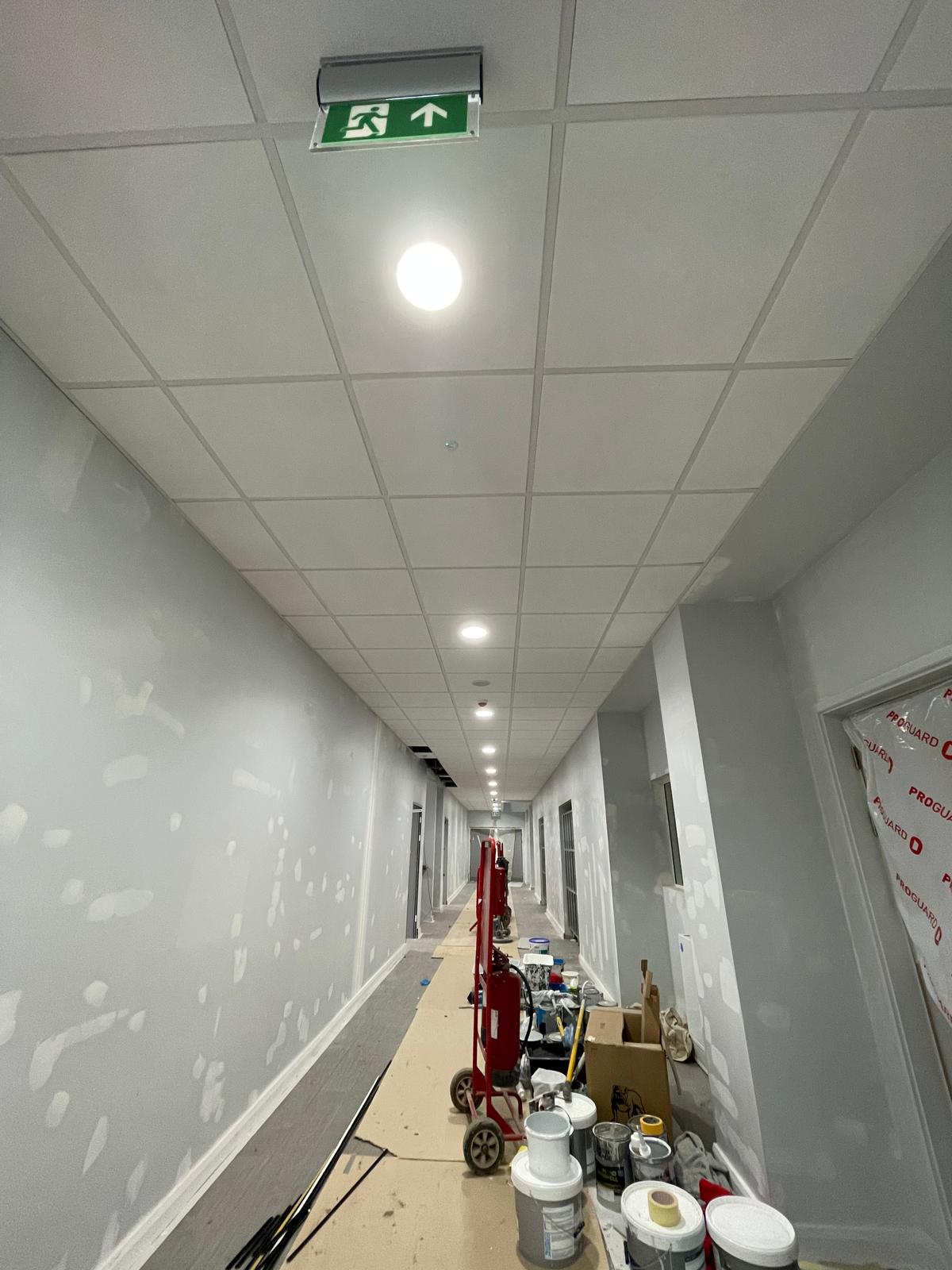 Corridor ceilings in, ready for decoration, Tarka Leisure Centre, JLG Construction Services