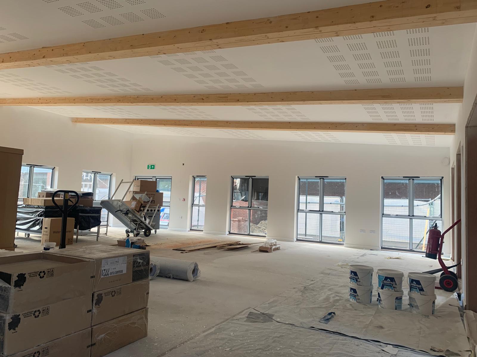 Acoustic ceiling in, the space nearing completion, Wimborne School, JLG Construction Services